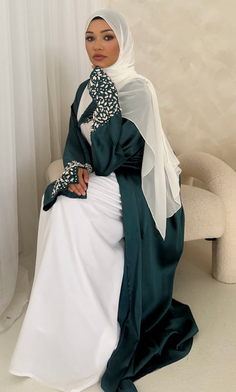 teal abaya with slitted stone embellished sleeves