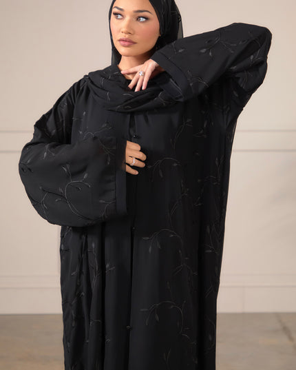 Leaf Embroidered Abaya With Matching Hijab - Black
