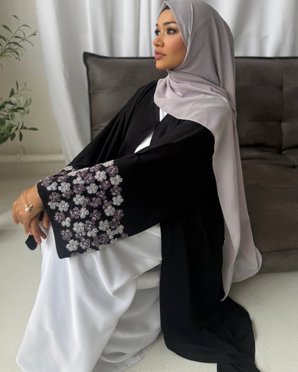 black abaya with purple/silver embellished sleeves