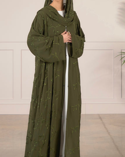 Leaf Embroidered Abaya With Matching Hijab - Forest Green