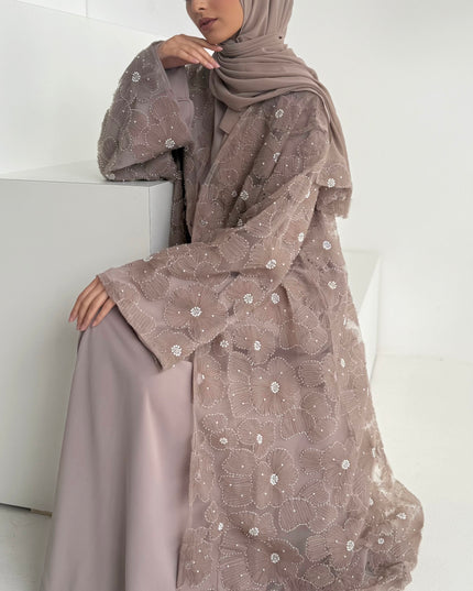 mocha floral net abaya with inner slip dress