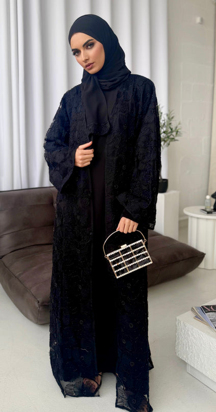 black net floral abaya with inner slip dress 