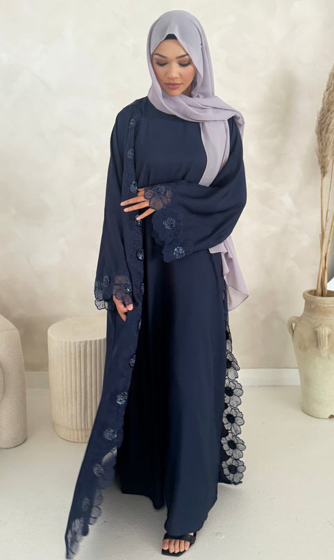 navy abaya with floral lace border