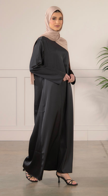 Satin FULL SLEEVE Slip Dress - Black