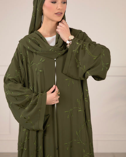 Leaf Embroidered Abaya With Matching Hijab - Forest Green