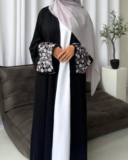 black abaya with purple/silver embellished sleeves