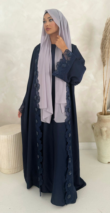 navy abaya with floral lace border