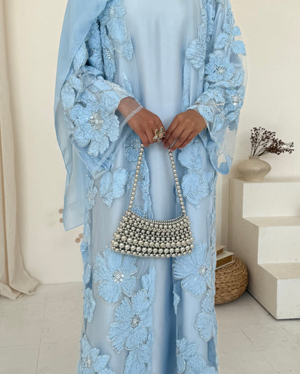 Sofina Floral Net Abaya Set (Slip Dress and Hijab included) SKY BLUE - Limited Edition