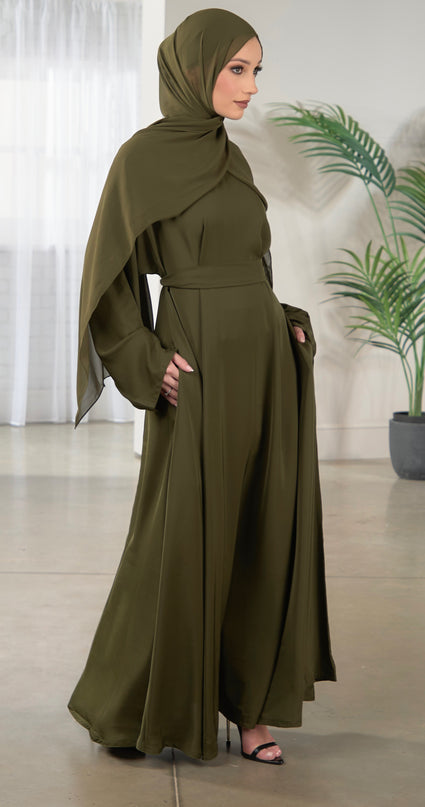 Casual Abaya with Pockets and Matching Hijab - Forest Green