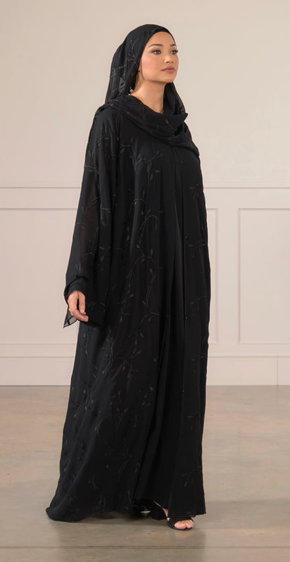 Leaf Embroidered Abaya With Matching Hijab - Black