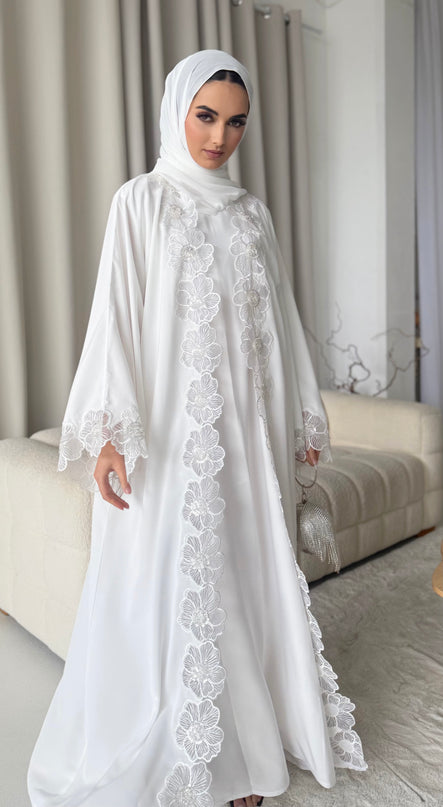 white abaya with floral lace border
