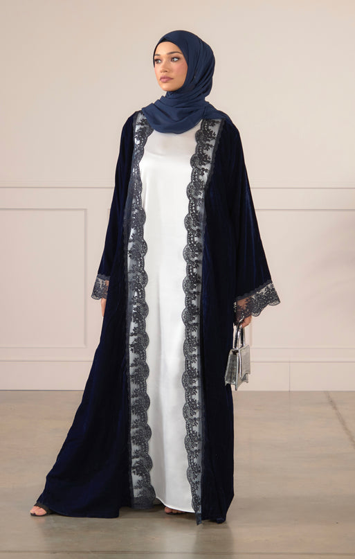 Navy Velvet Lace Abaya