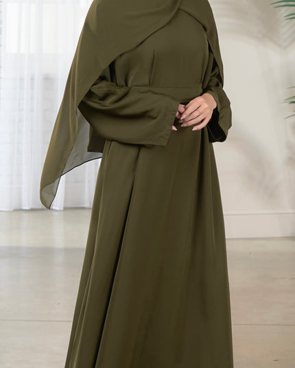 Casual Abaya with Pockets and Matching Hijab - Forest Green