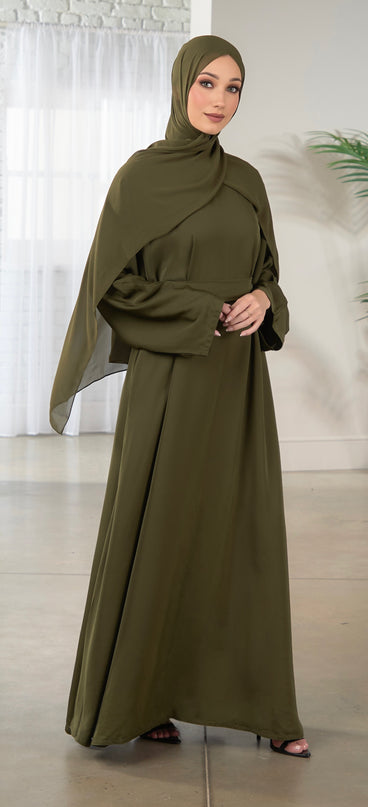 Casual Abaya with Pockets and Matching Hijab - Forest Green