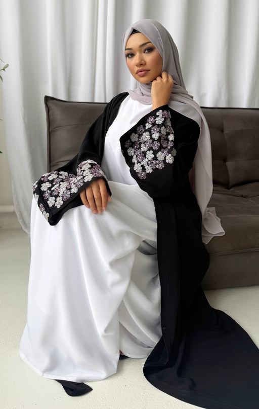black abaya with purple/silver embellished sleeves