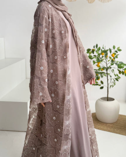 mocha floral net abaya with inner slip dress