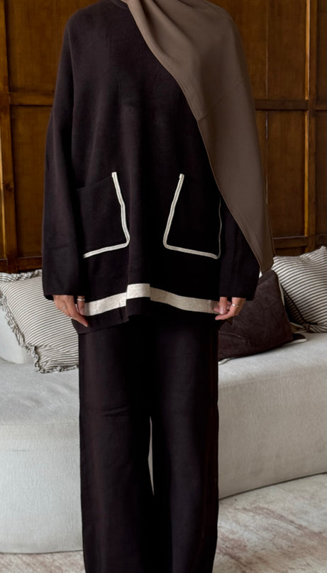 Knit Co-ord Set With Pockets - Brown
