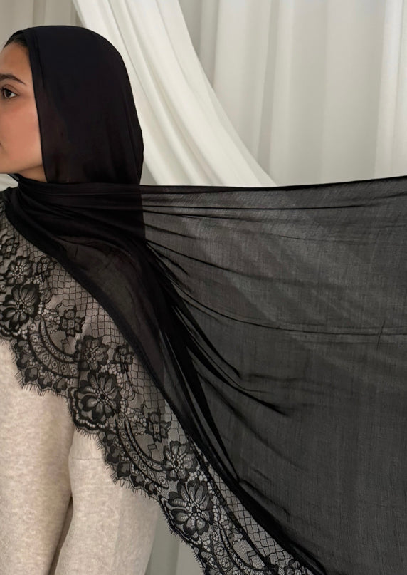Modal Hijab with Lace Edge - Black