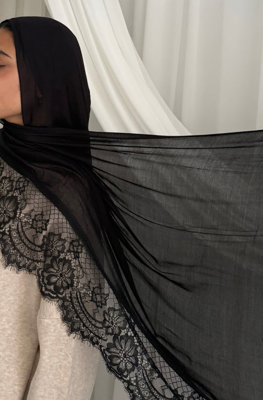Modal Hijab with Lace Edge - Black