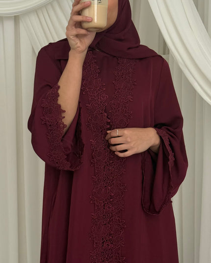 Bloom Lace Abaya Set - Maroon