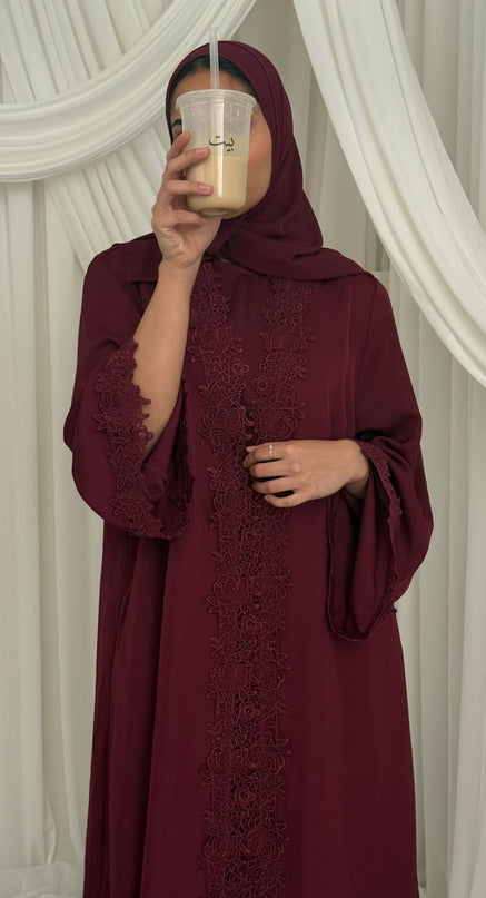 Bloom Lace Abaya Set - Maroon