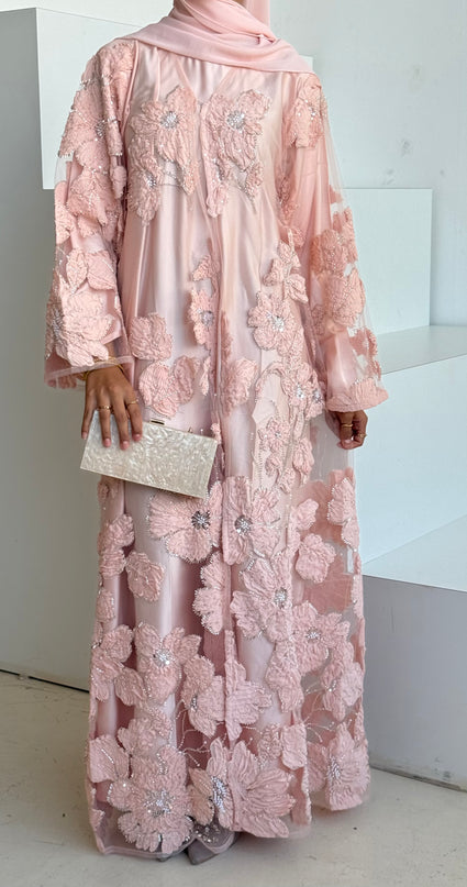 Sofina Floral Net Abaya Set (Slip Dress and Hijab included) APRICOT - Limited Edition