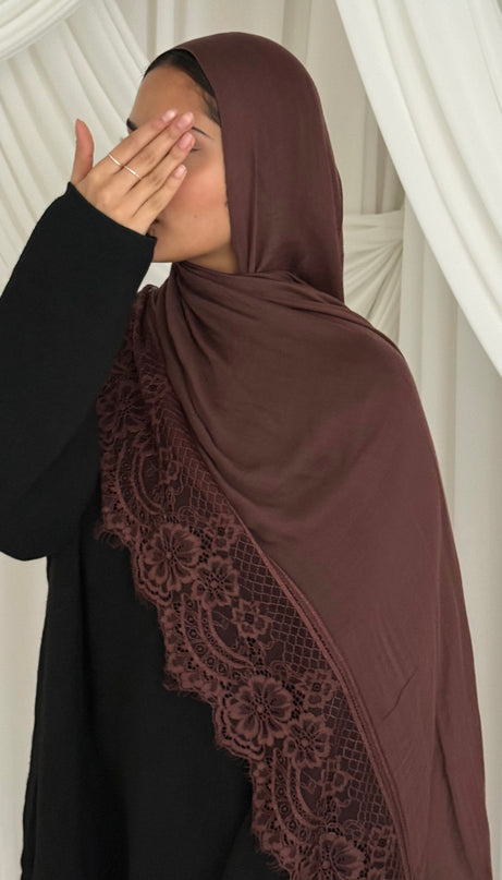 Modal Hijab with Lace Edge - Walnut
