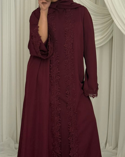 Bloom Lace Abaya Set - Maroon