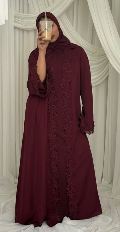 Bloom Lace Abaya Set - Maroon