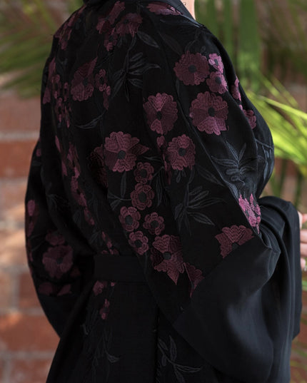 Aaliya Collections A classic black abaya with contrasting burgundy floral embroidery